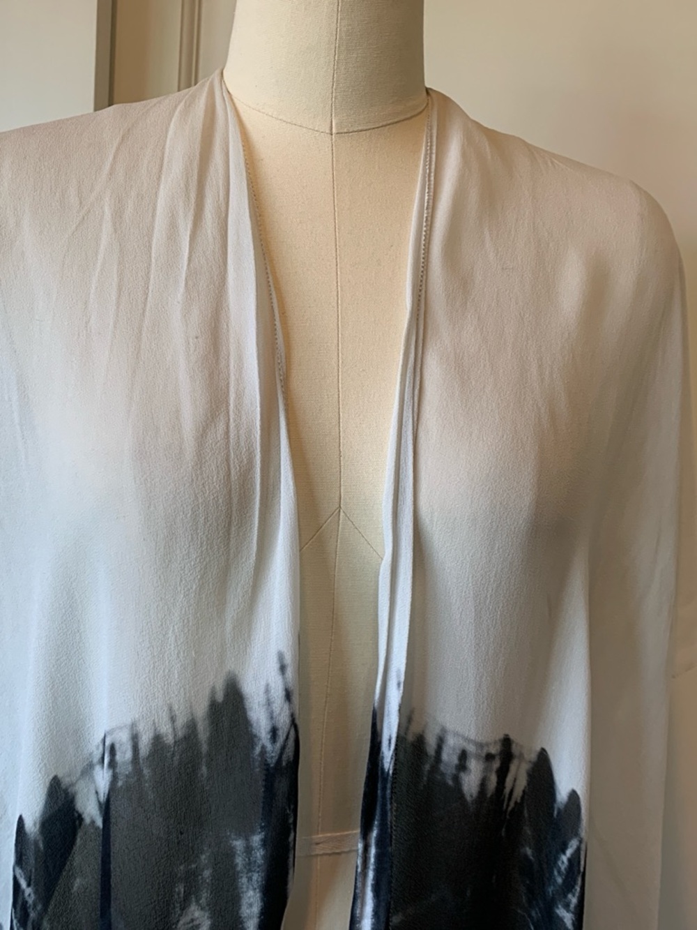 Go Silk Semi Lightweight Open Front Drape Cardigan in White with Black Dip-Dye